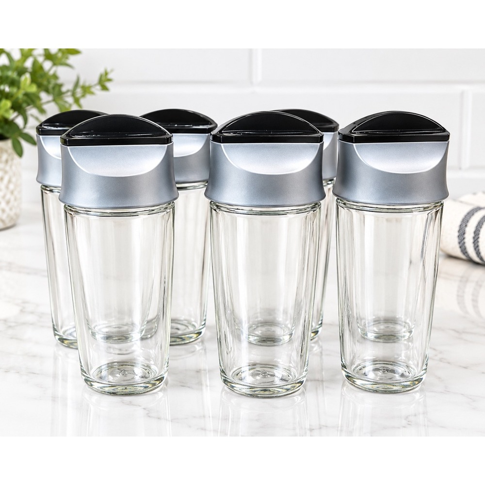 Cole & Mason Glass Spice Jars Set of 7 Silver Black Shaker Lids Labeled Clear